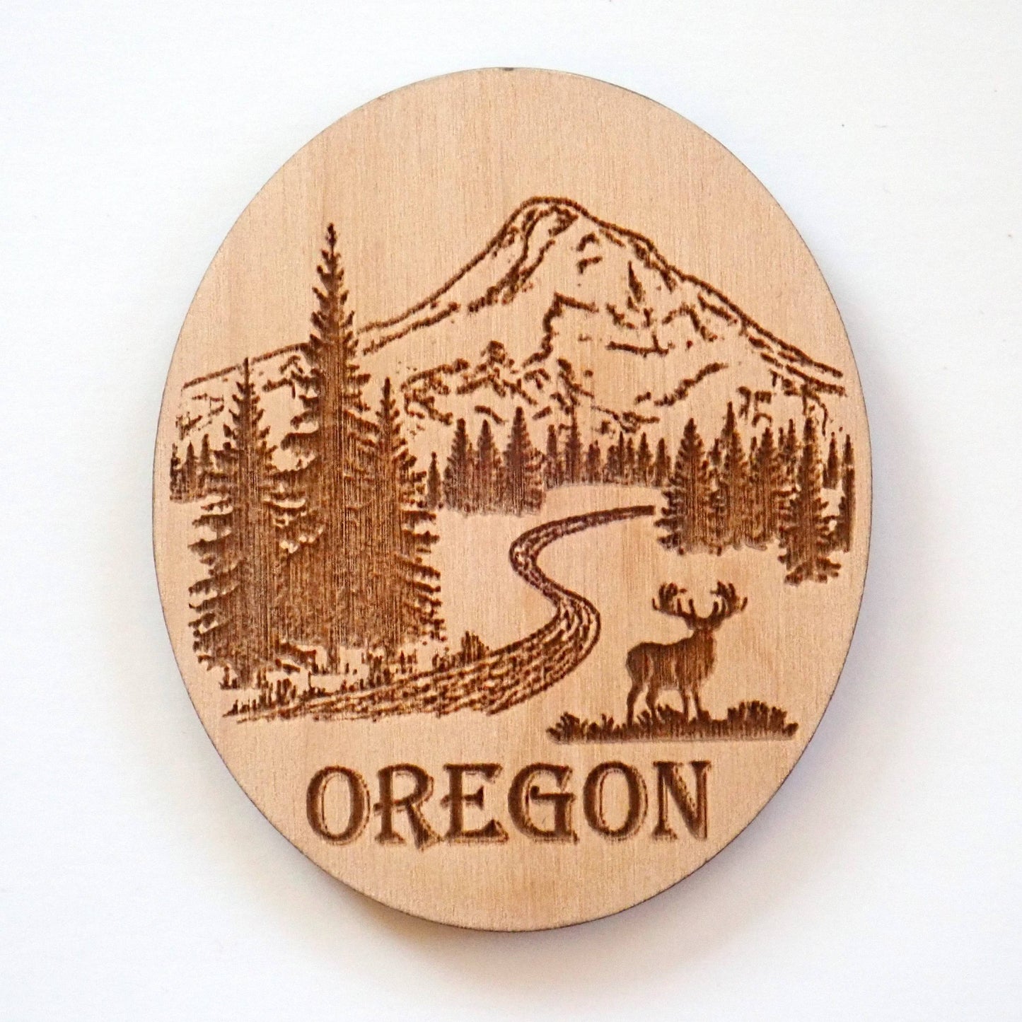 Oregon mountain and trees alder wood magnet