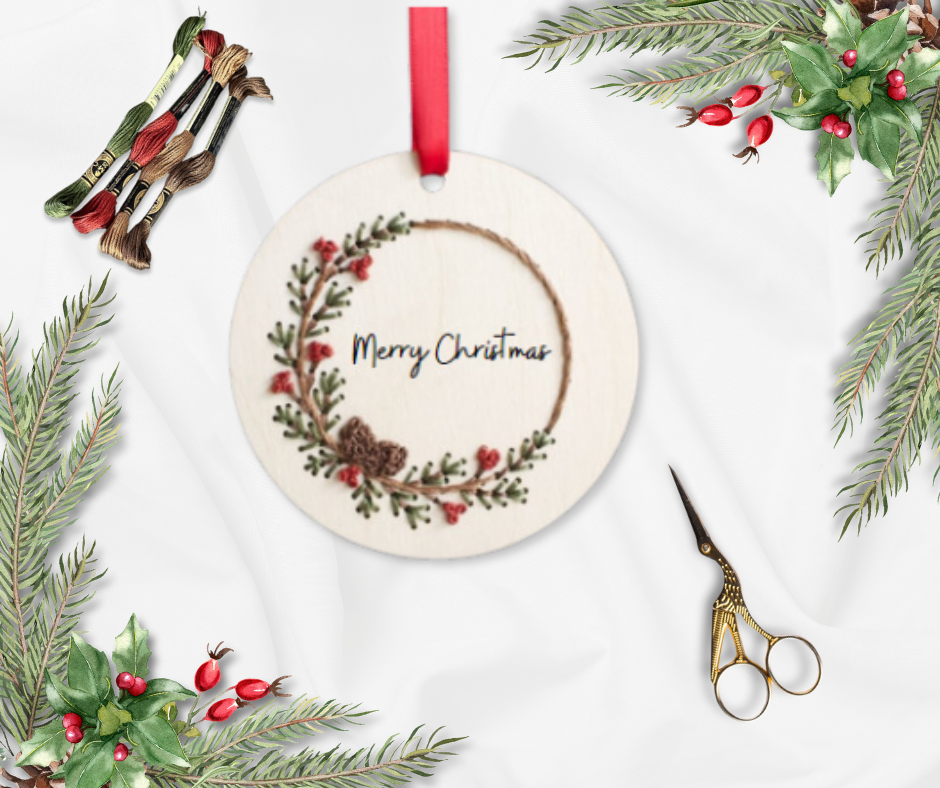 Wood Embroidery Kit - Christmas Pine Wreath
