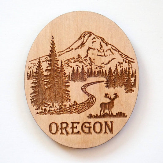 Oregon mountain and trees alder wood magnet