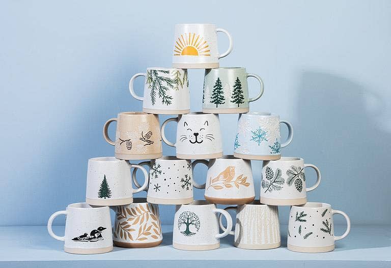 Wide Base Mug with Branches & Pinecones