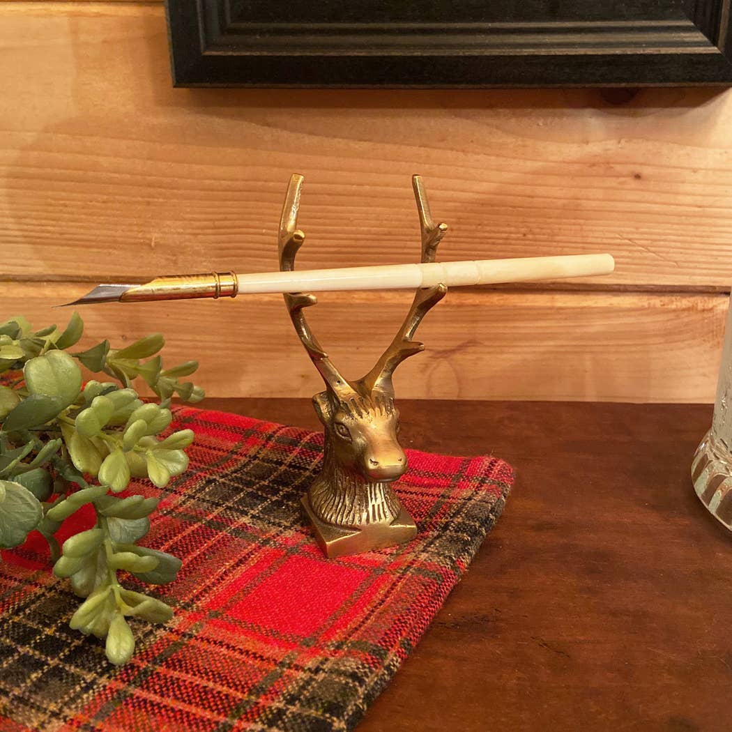 Antiqued Brass Stag Pen Tabletop Holder | Classic Desktop Decor