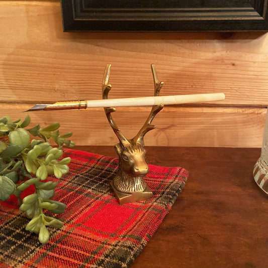Antiqued Brass Stag Pen Tabletop Holder | Classic Desktop Decor