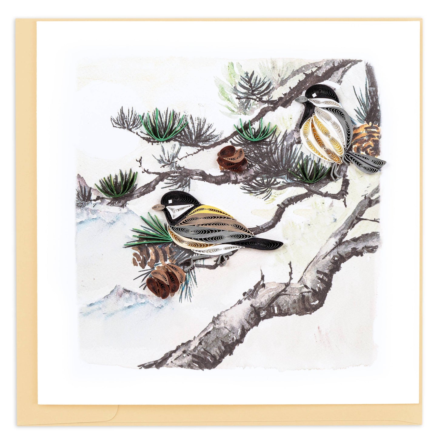 Quilled Pine Needles and Chickadee Birds Greeting Card