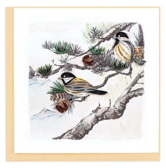 Quilling Card | Quilled Pine Needles and Chickadee Birds Greeting Card
