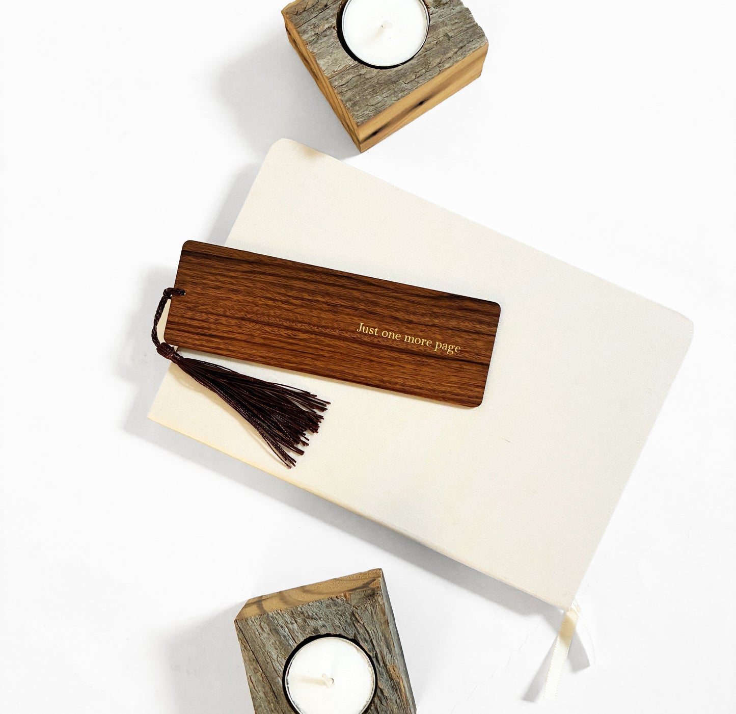 Just One More Page Foil Embossed Walnut Wood Bookmark