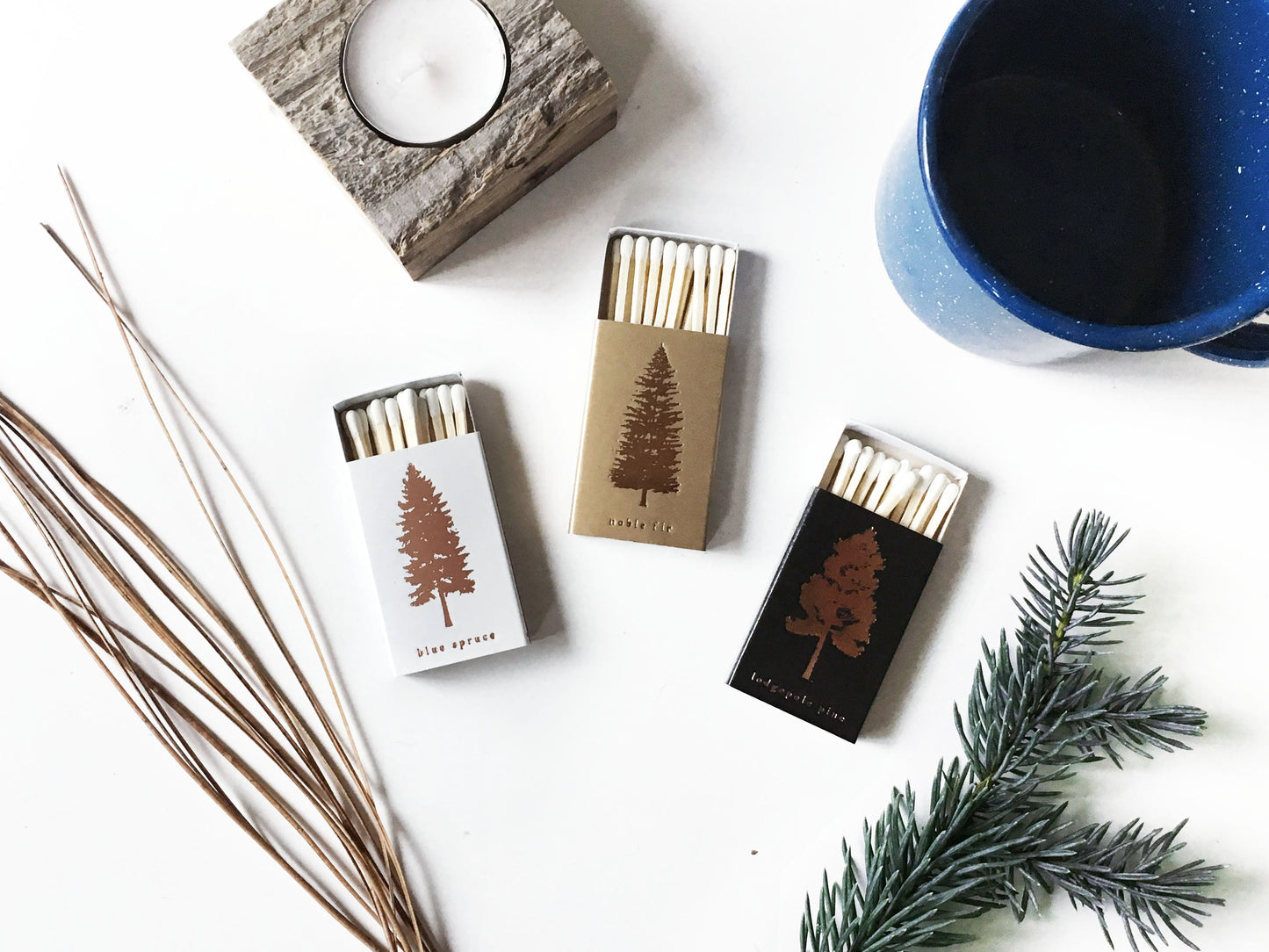 Blue Spruce Tree Gold Foil Matchbox | Pine Tree Matches