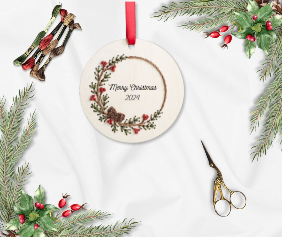 Wood Embroidery Kit - Christmas Pine Wreath