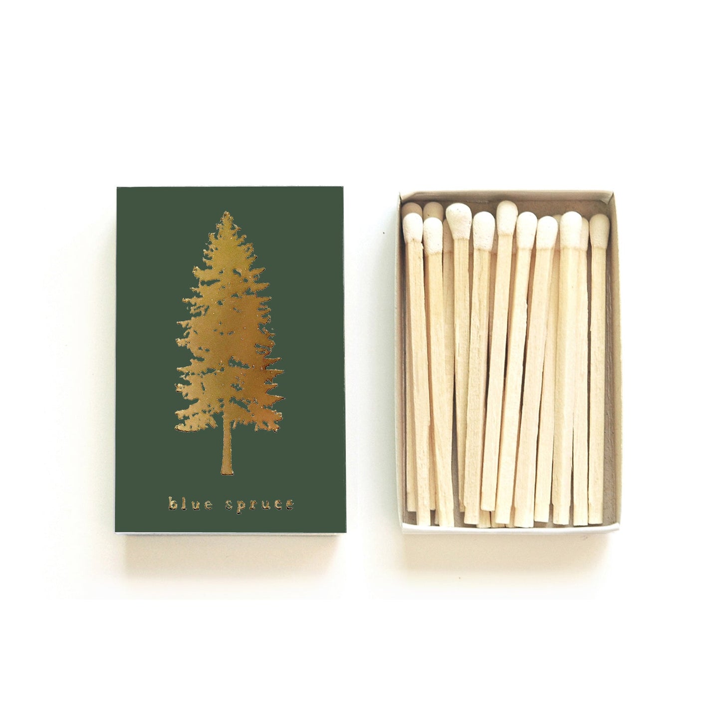 Blue Spruce Tree Gold Foil Matchbox | Pine Tree Matches