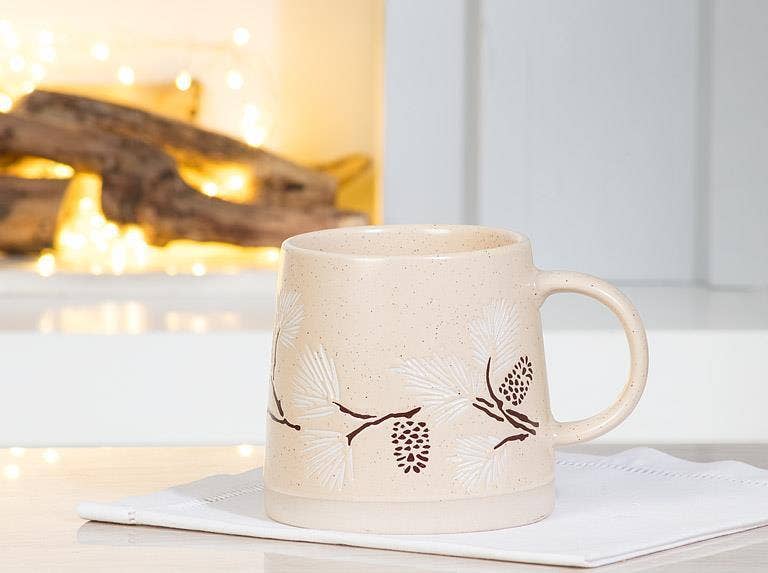 Wide Base Mug with Branches & Pinecones