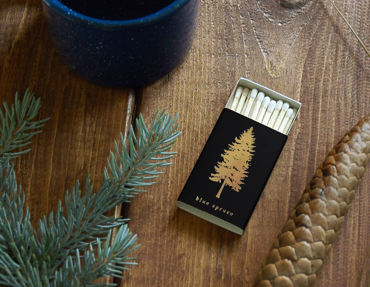 Blue Spruce Tree Gold Foil Matchbox | Pine Tree Matches