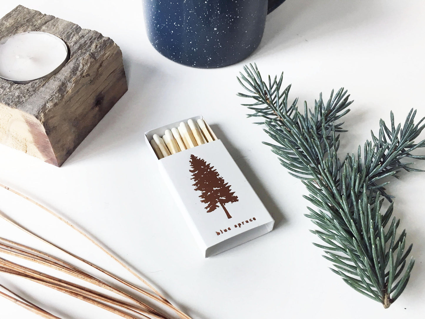 Blue Spruce Tree Gold Foil Matchbox | Pine Tree Matches