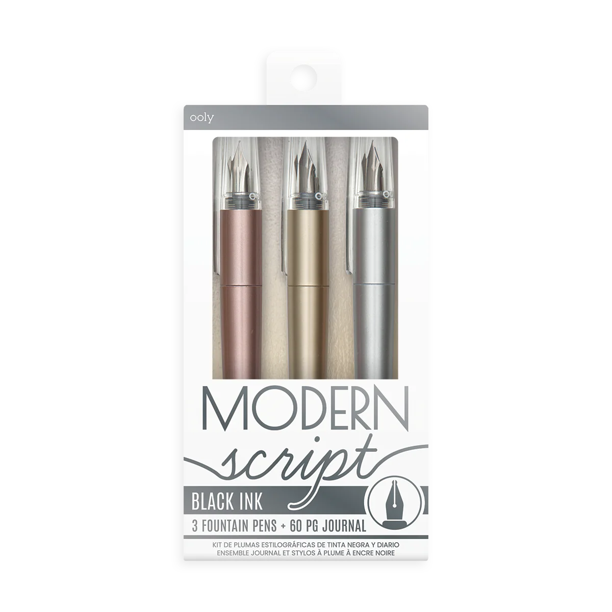 Ooly | Modern Script Fountain Pens (Set of 3 Metallic Pens & Journal)