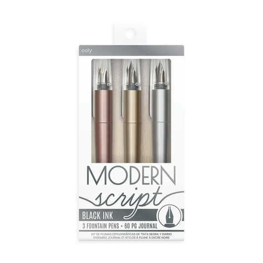 Ooly | Modern Script Fountain Pens (Set of 3 Metallic Pens & Journal)