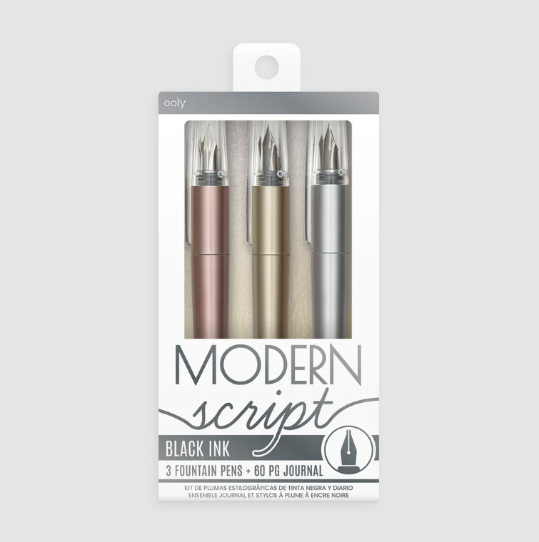 Ooly Modern Script Fountain Pens (Set of 3 Metallic Pens & Journal)