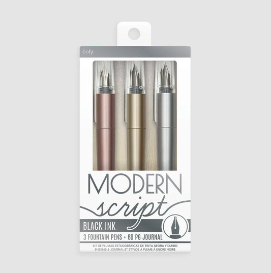 Ooly Modern Script Fountain Pens (Set of 3 Metallic Pens & Journal)
