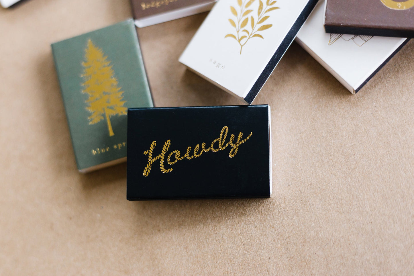 Blue Spruce Tree Gold Foil Matchbox | Pine Tree Matches